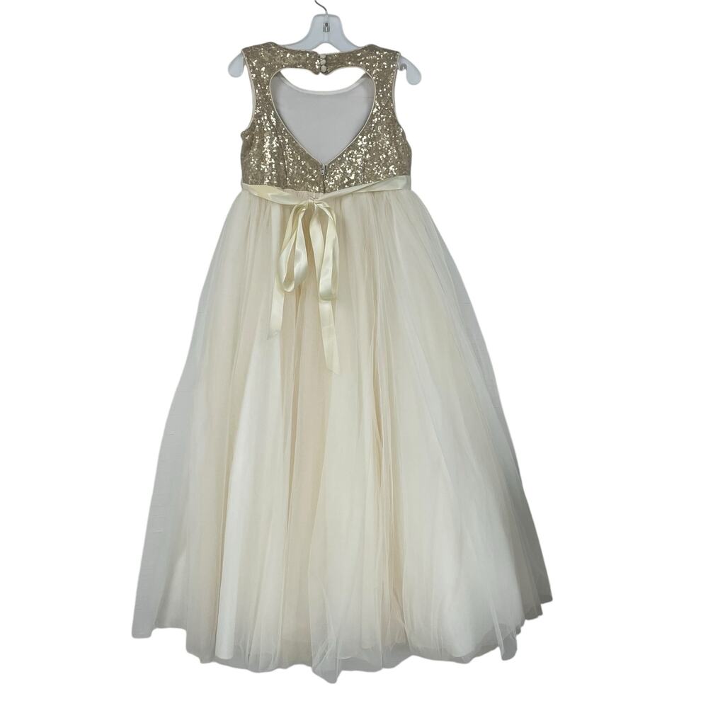 David's Bridal Heart Back Sequin and Tulle Gown Gold and Ivory Girls 10 ASIS - Picture 6 of 8